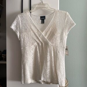Two piece pullover top.white strap stretch cami with white stretch blouse top